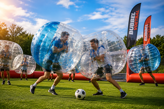 Twee spelers in doorzichtige bubbels botsen bij de bal tijdens een potje bubbelvoetbal op een grasveld